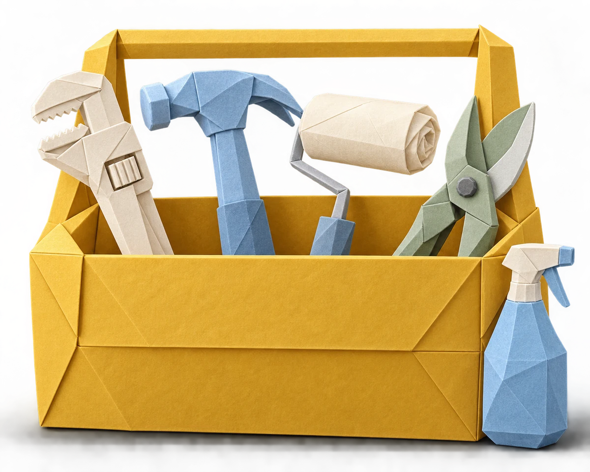 A golden origami toolbox holding a wrench, hammer, paint roller, and pruning shears, with a blue spray bottle beside it
