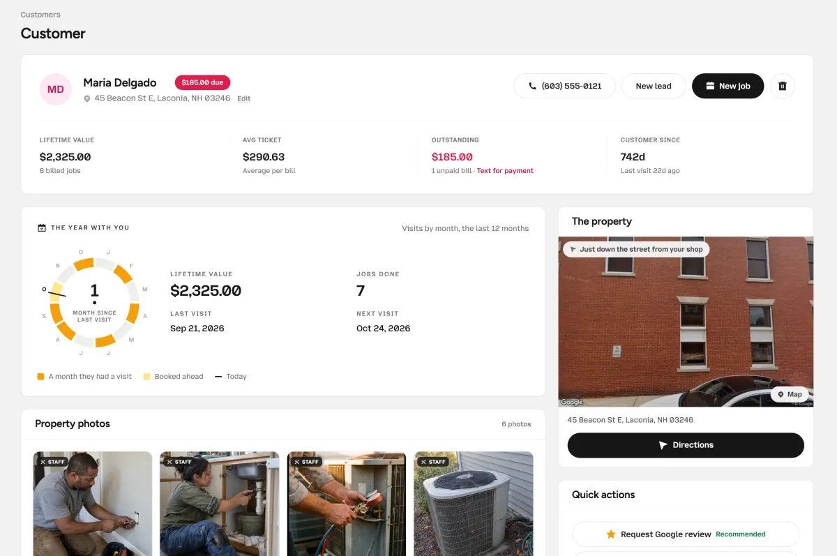 The OnSiteCall customer page for Maria Delgado: lifetime value, the year with you, the property on Street View, property photos and quick actions. Example customer.