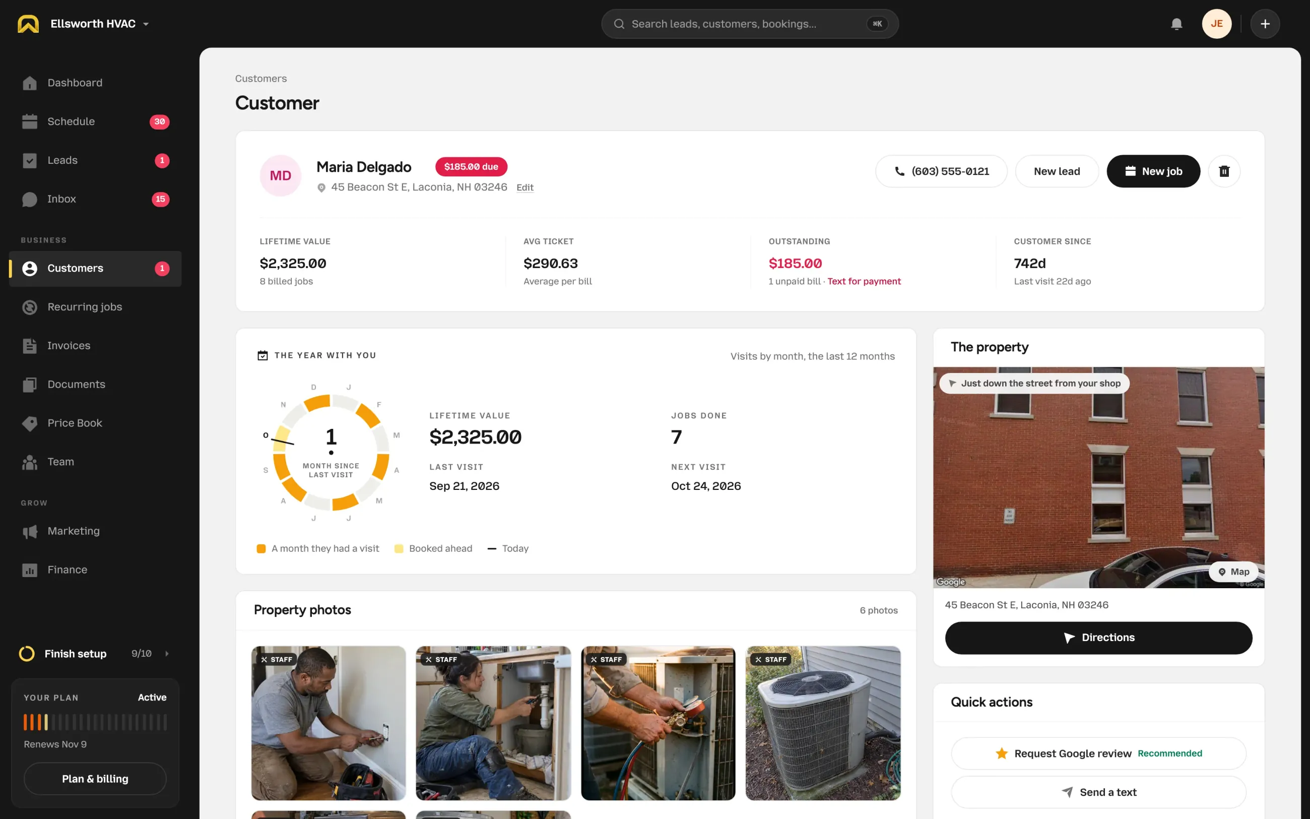 Maria Delgado’s customer page in OnSiteCall: $185.00 due, lifetime value $2,325.00, average ticket $290.63, $185.00 outstanding with a Text for payment link, and a customer for 742 days. Below, the year with you dial with 7 jobs done and the next visit on October 24, a Street View photo of the house, the property photos and a recommended Google review request.
