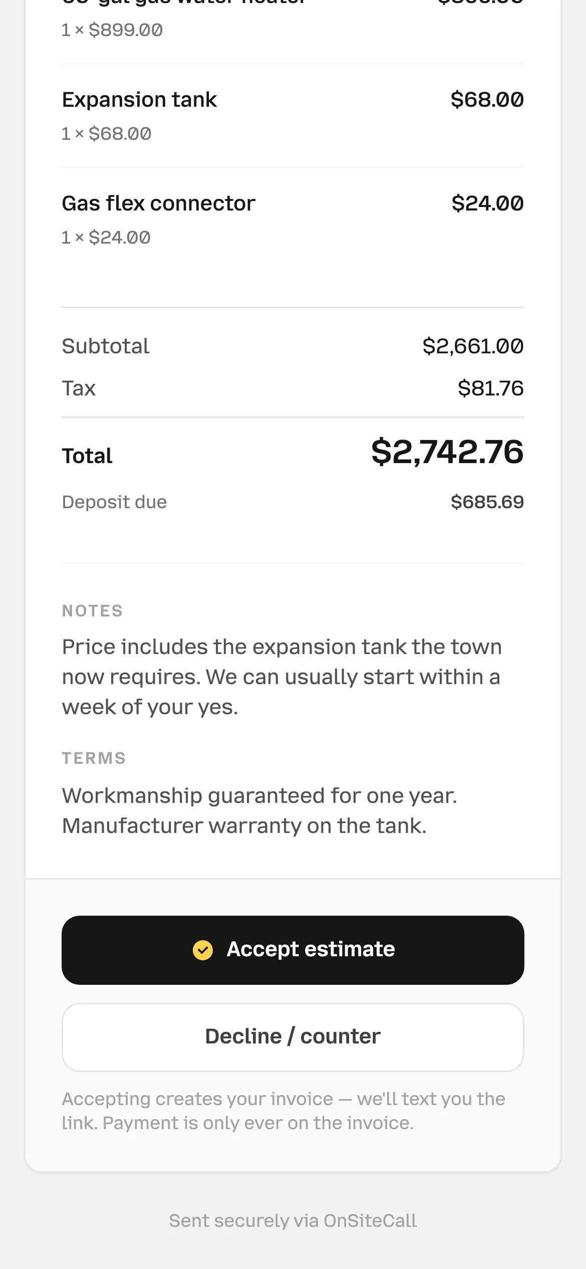 The estimate link on Dana’s phone: the last lines of EST-0127, a $2,742.76 total with a $685.69 deposit due, notes and terms, and the Accept estimate and Decline / counter buttons.