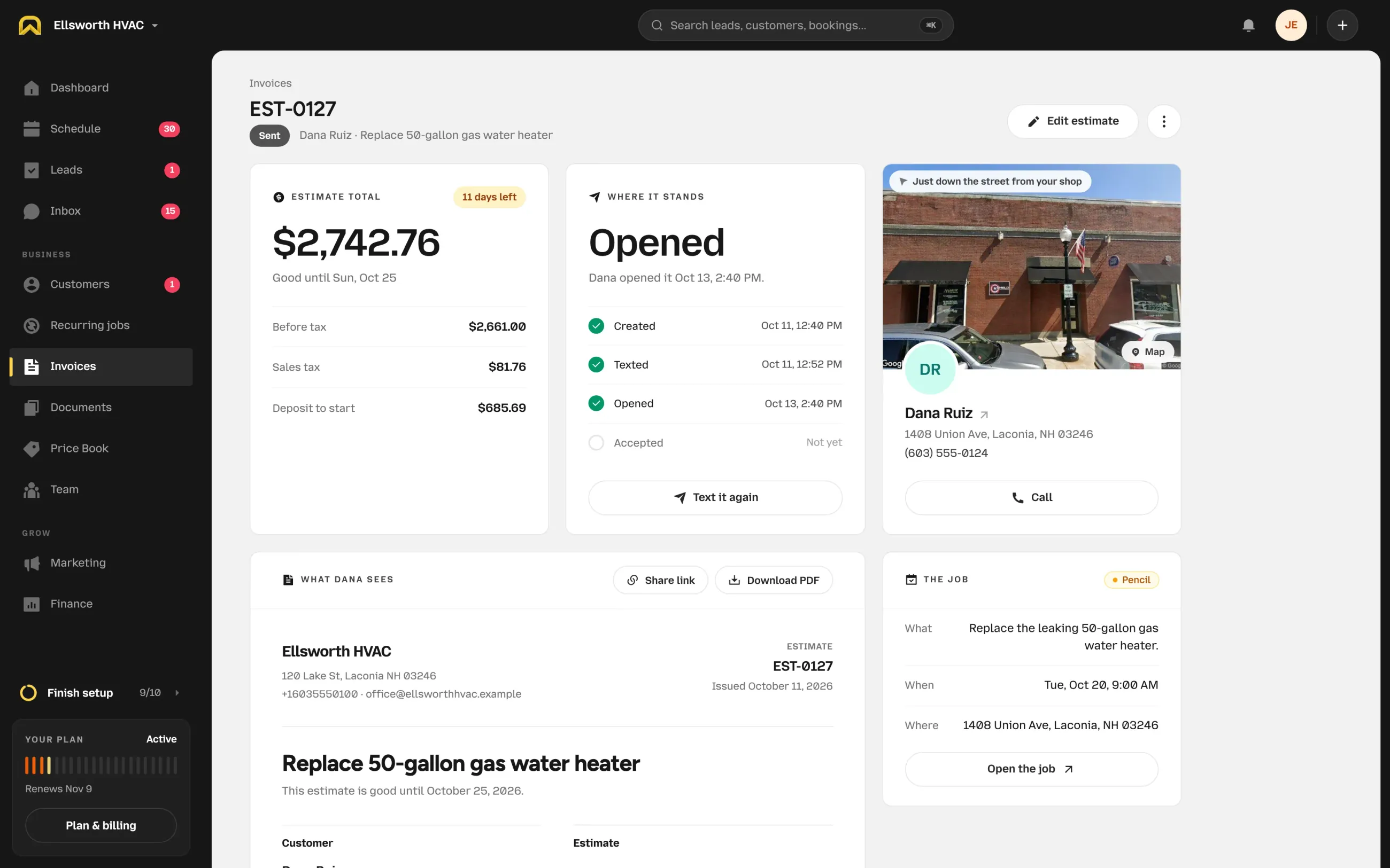 The OnSiteCall record page for estimate EST-0127: a $2,742.76 estimate total with 11 days left, Where it stands showing Opened with the times it was created, texted and opened, Dana Ruiz’s card with a street photo, what Dana sees, and the job held in pencil.