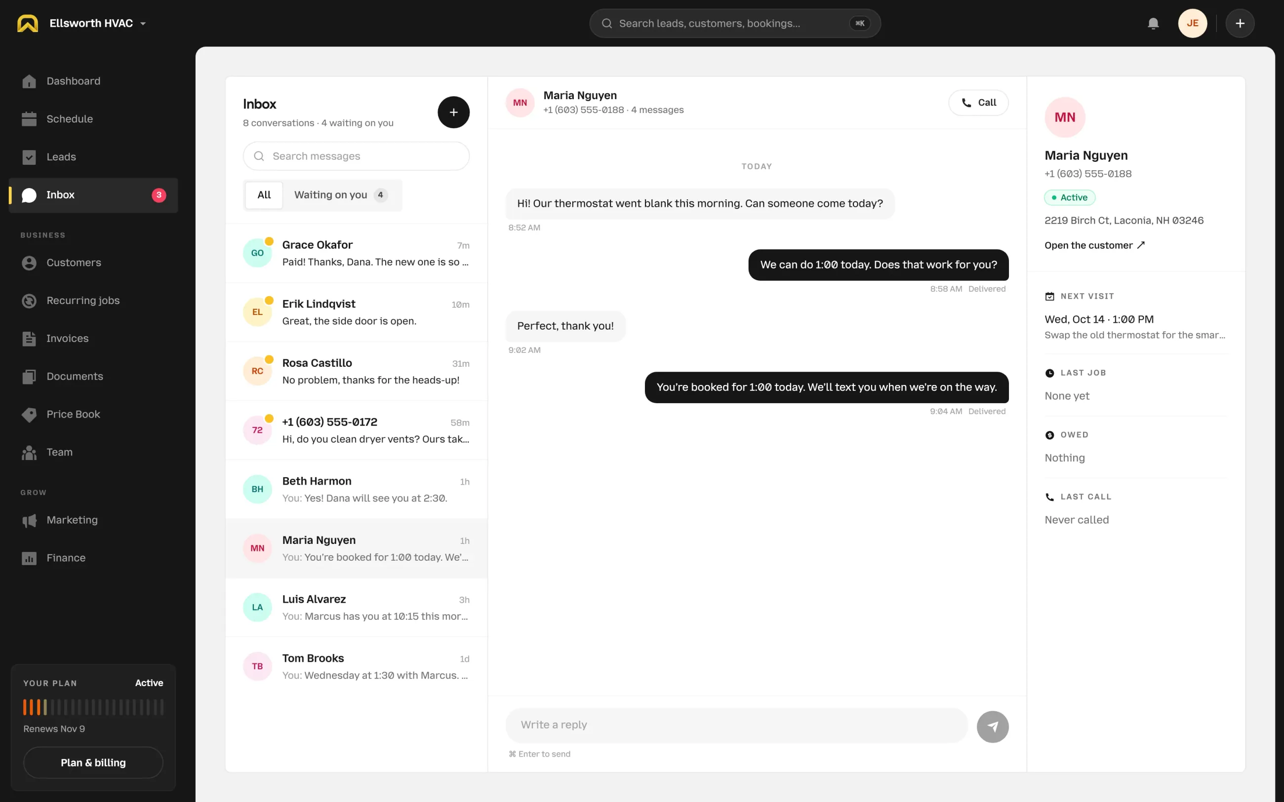The OnSiteCall inbox with Maria Nguyen’s conversation open: she asked for a visit this morning and was booked for 1:00 by text. The new visit shows on the right.