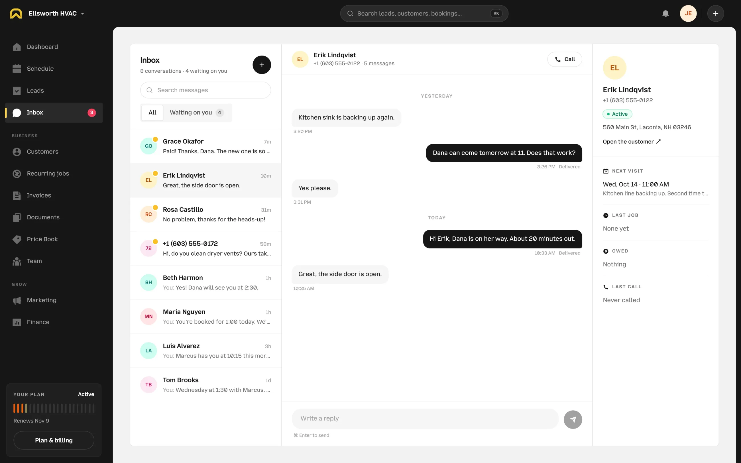 The OnSiteCall inbox with Erik Lindqvist’s conversation open: booked by text yesterday, and a text this morning that Dana is on her way. His next visit, today at 11:00, sits on the right.