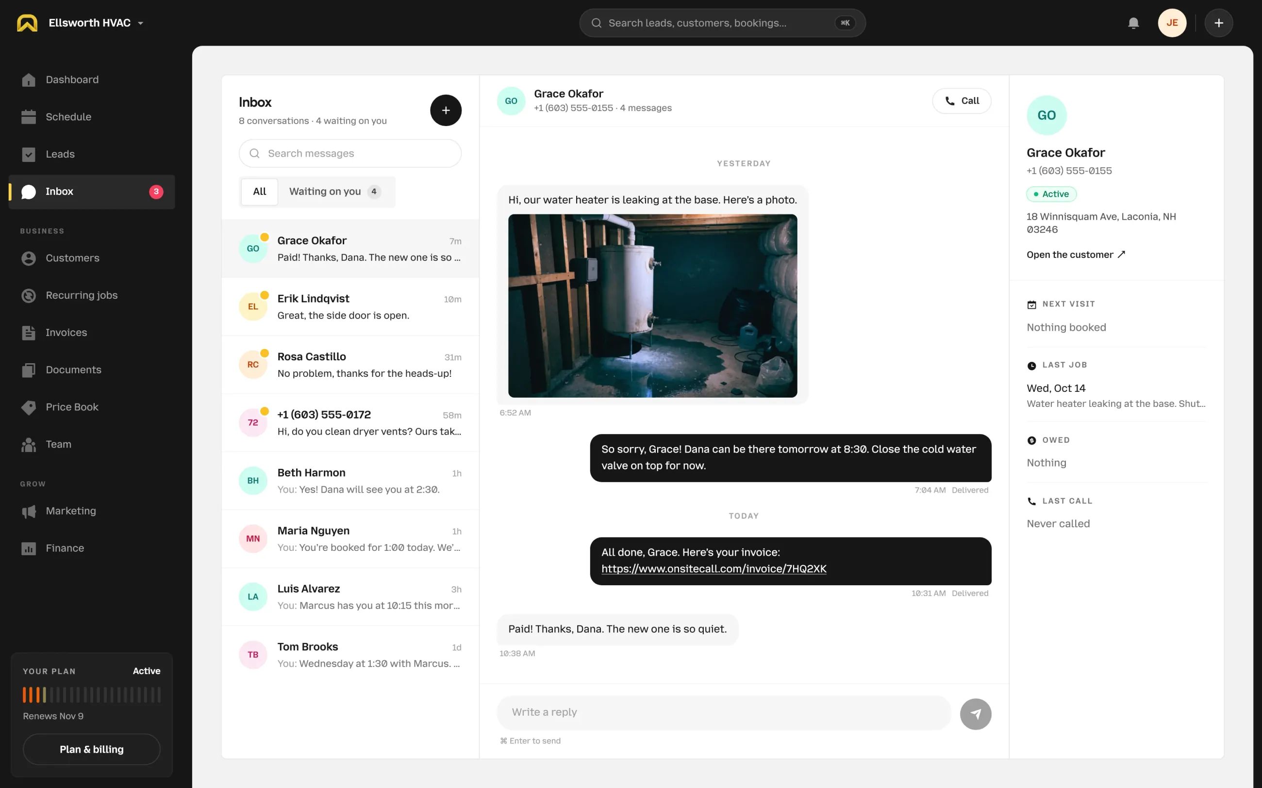 The OnSiteCall inbox with Grace Okafor’s conversation open: her photo of a leaking water heater, the reply booking Dana for 8:30, the invoice link sent this morning, and her text saying it’s paid. Her address, last job and balance sit on the right.