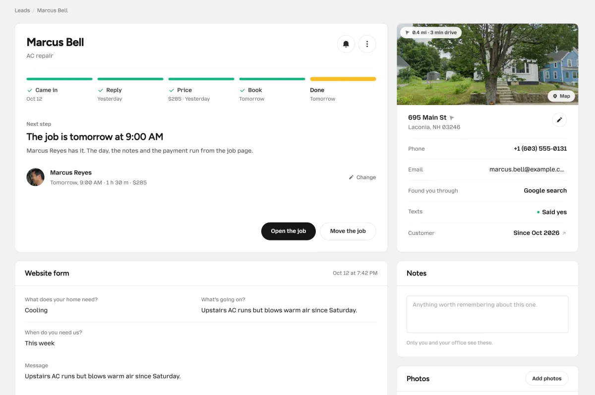 The OnSiteCall lead page for Marcus Bell, AC repair: the track from Came in to Booked, the job set for tomorrow at 9:00 AM, the property, and the website form answers. Example lead.