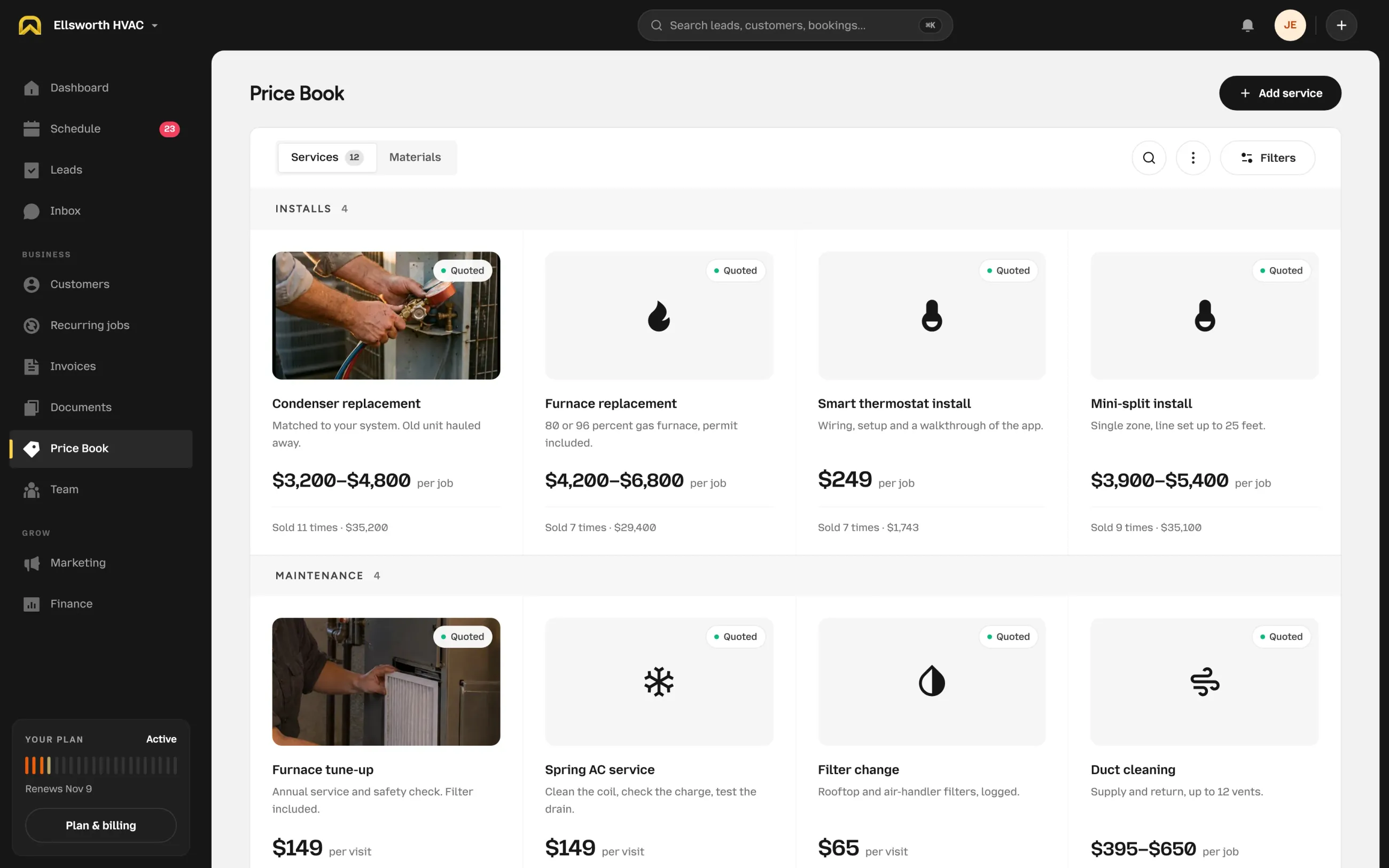 The OnSiteCall price book for an HVAC business: repairs, installs and maintenance with prices, ranges and what each service has sold.