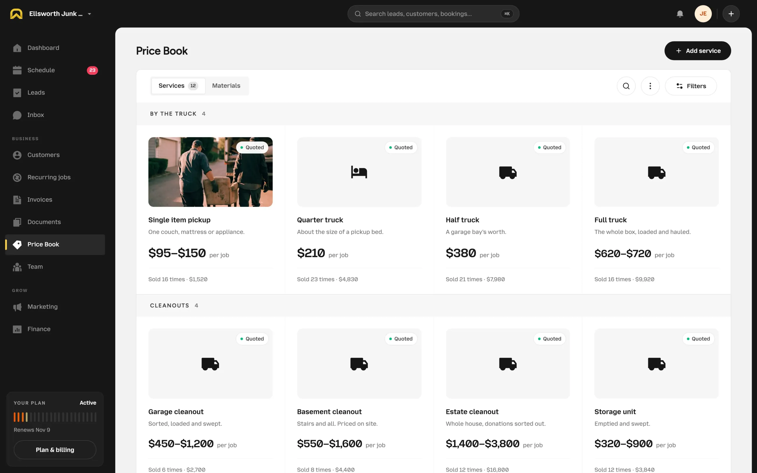 The OnSiteCall price book for a junk removal business: pickups by the truck, cleanouts and disposal fees.