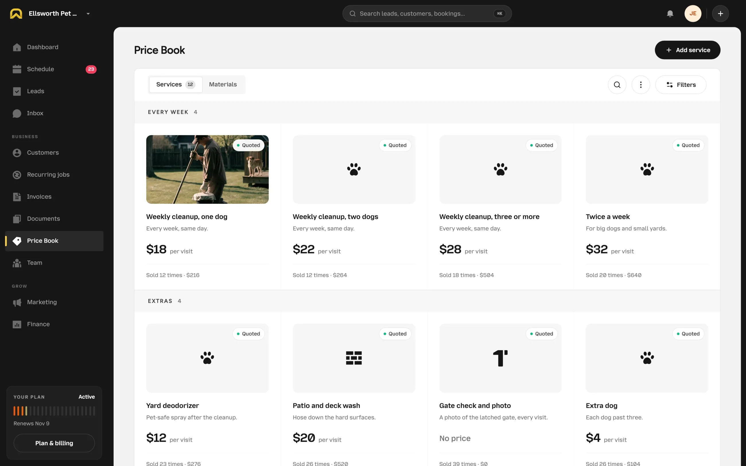 The OnSiteCall price book for a pet waste removal business: weekly cleanups by the dog, one-time cleanups and add-ons.