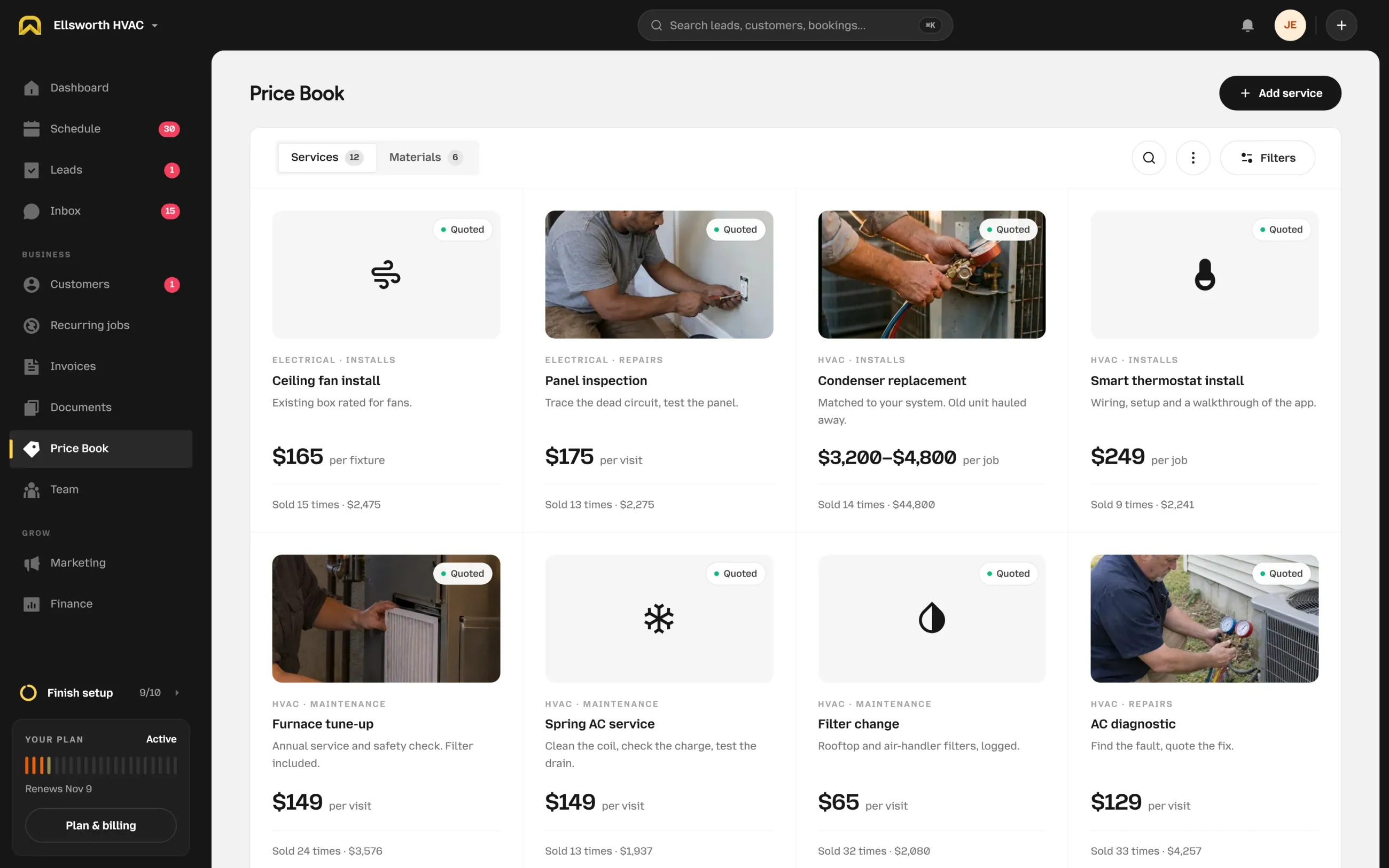 The OnSiteCall Price Book showing services in chapters, each with a photo or icon, a price or price range with its unit, and a sales line such as Sold 14 times for $44,800.