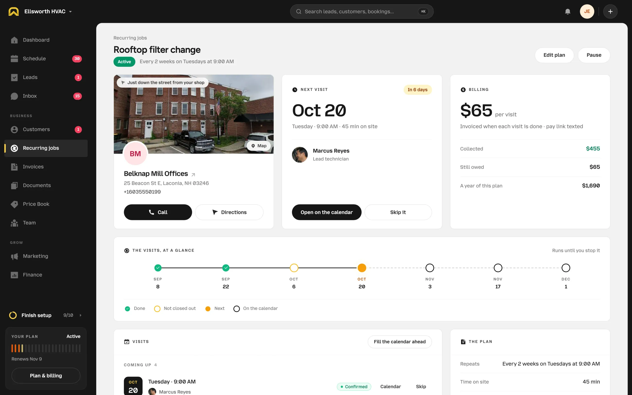An OnSiteCall recurring plan page for a rooftop filter change, every 2 weeks on Tuesdays at 9:00 AM: the customer, the next visit on October 20 with Marcus Reyes, $65 per visit billing, and a timeline of the visits.