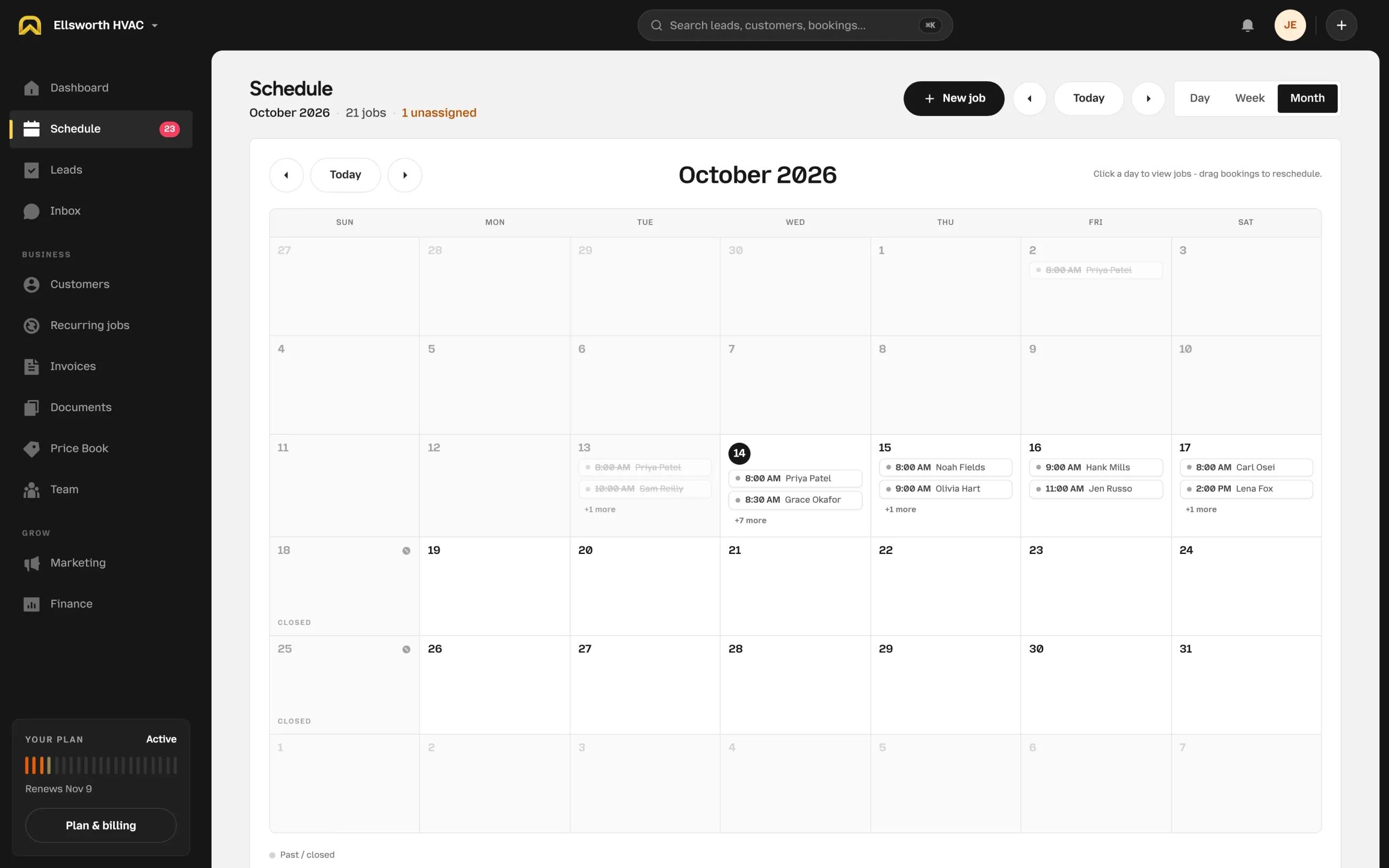 The OnSiteCall schedule in Month view: the October calendar with the day’s jobs listed on each date.