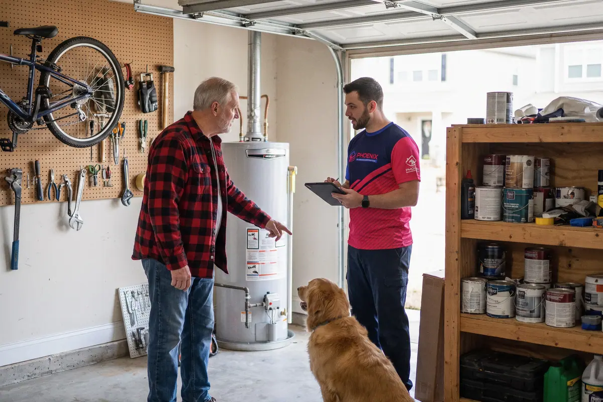 A plumber with a tablet listening as a homeowner points out his water heater in the garage, a golden retriever sitting between them.