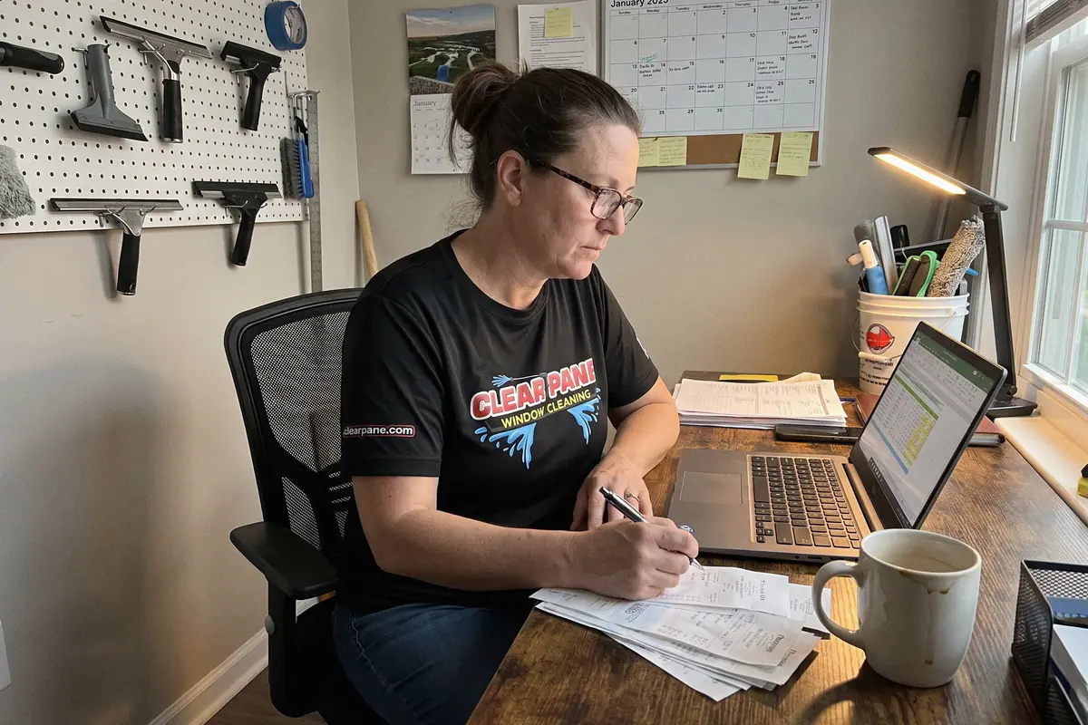 A window cleaning business owner at her desk going through receipts beside her laptop, squeegees on the pegboard behind her.