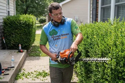 A landscaper trimming a hedge outside a home