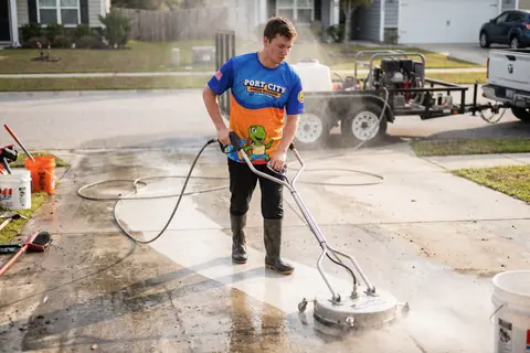 A pressure-washing professional cleaning a concrete driveway