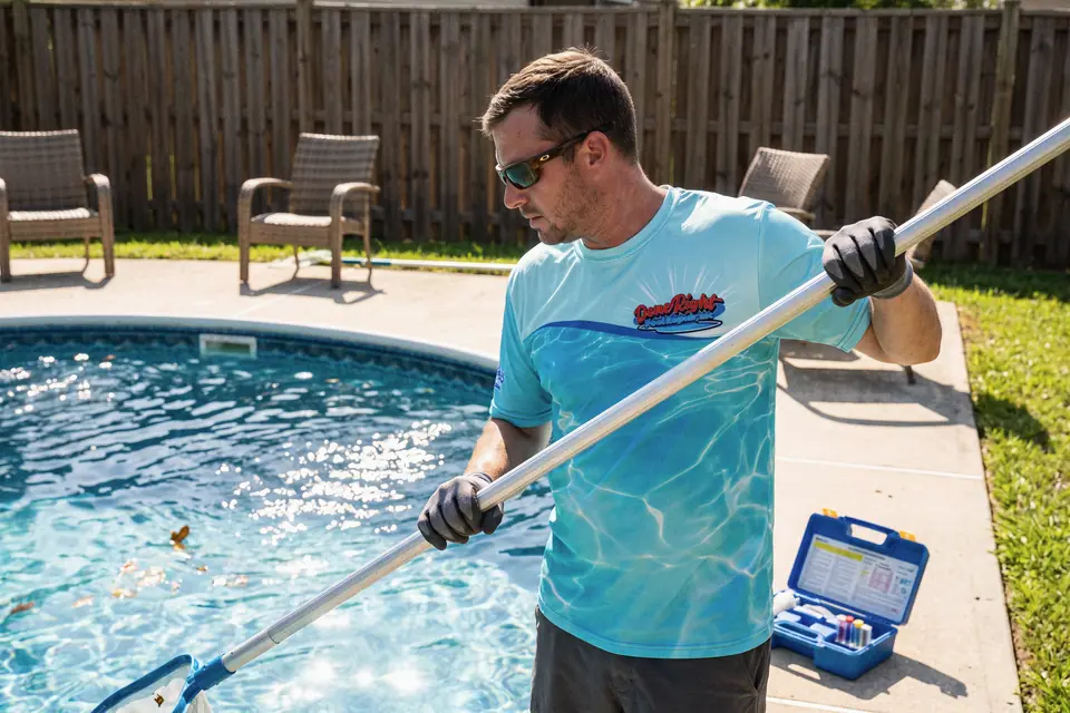 A pool technician skimming leaves from a backyard pool with a long net.