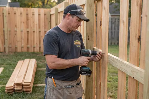 A fence installer fastening a wooden fence board