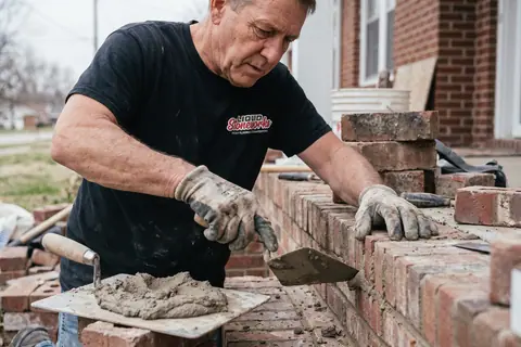 A mason relaying the top course of a low brick wall
