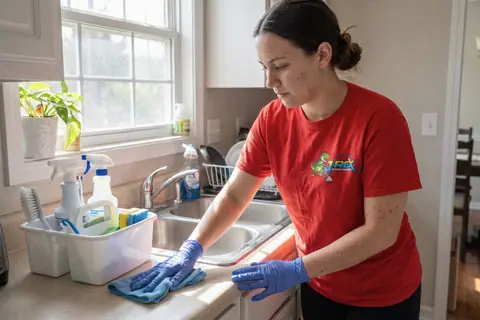 A house cleaner wiping a kitchen countertop