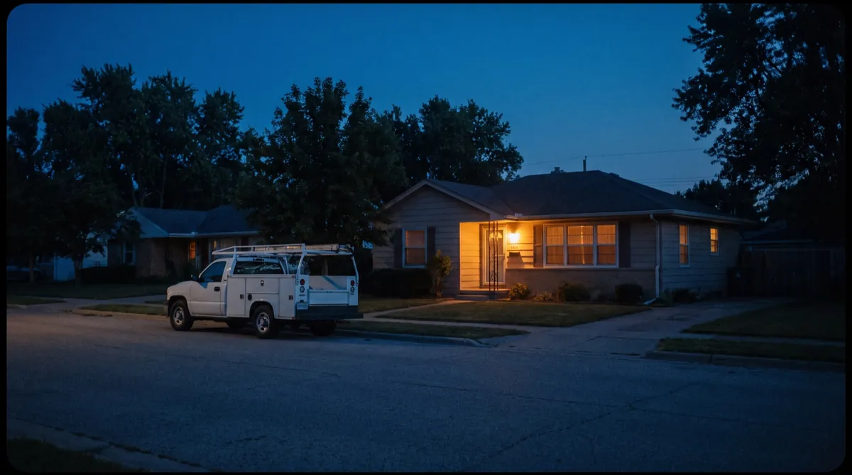 A work truck parked outside a home at dusk, with a warm porch light on.