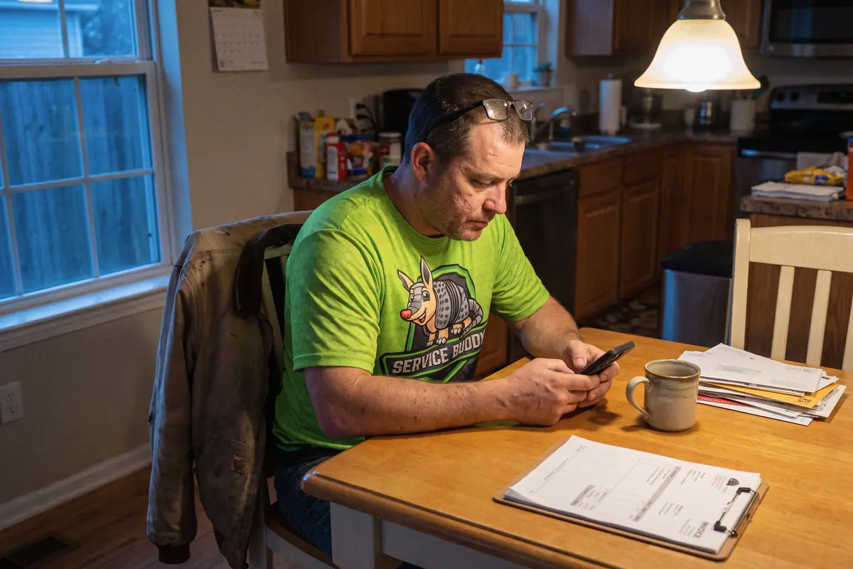 A business owner at his kitchen table in the evening, replying to a customer’s text on his phone.