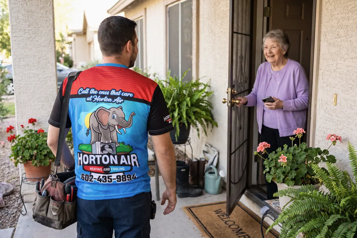 A homeowner smiling at her front door, phone in hand, as a technician with a tool bag arrives for the visit.