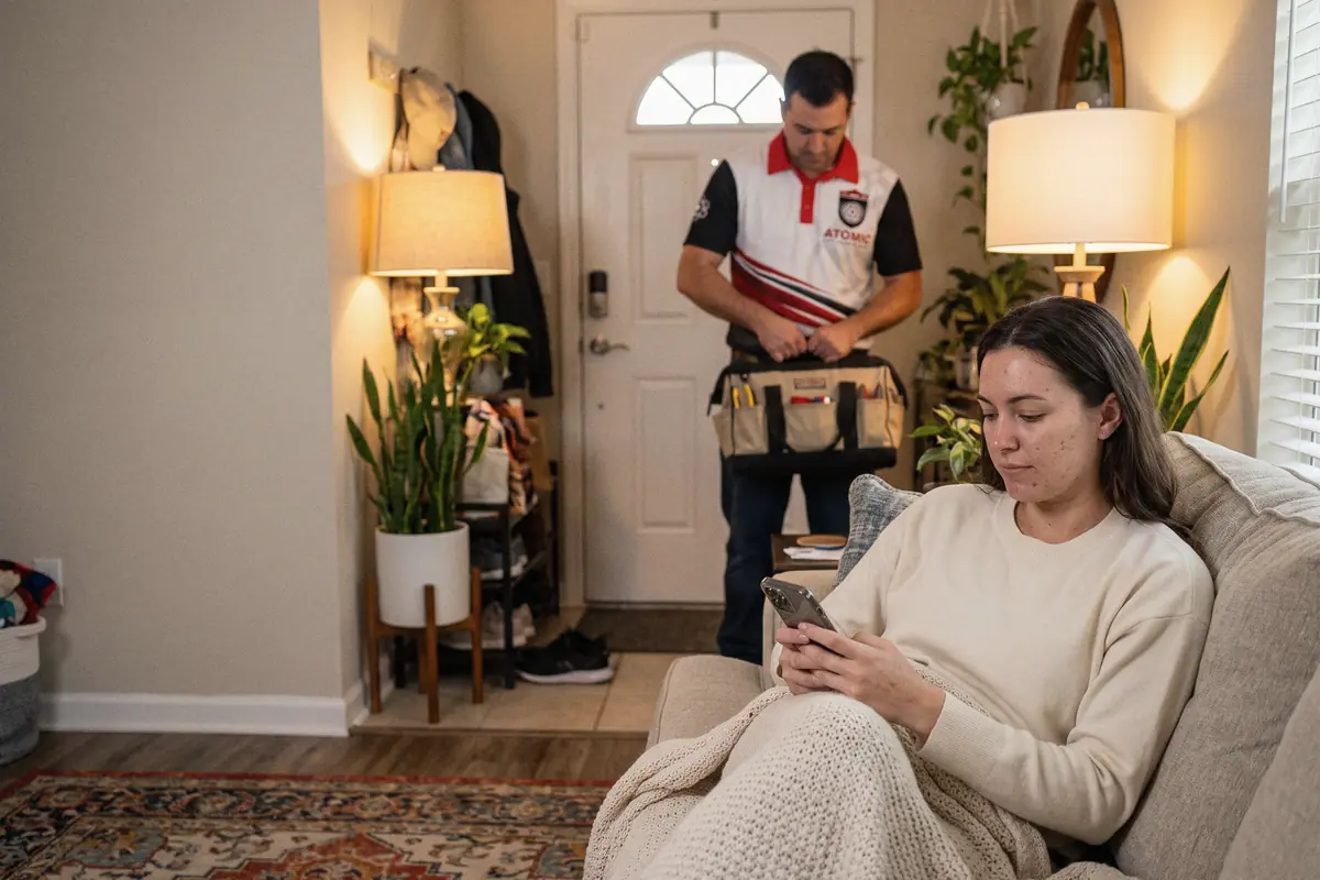 A homeowner on her sofa paying a bill on her phone while a technician packs up his tools by the front door.