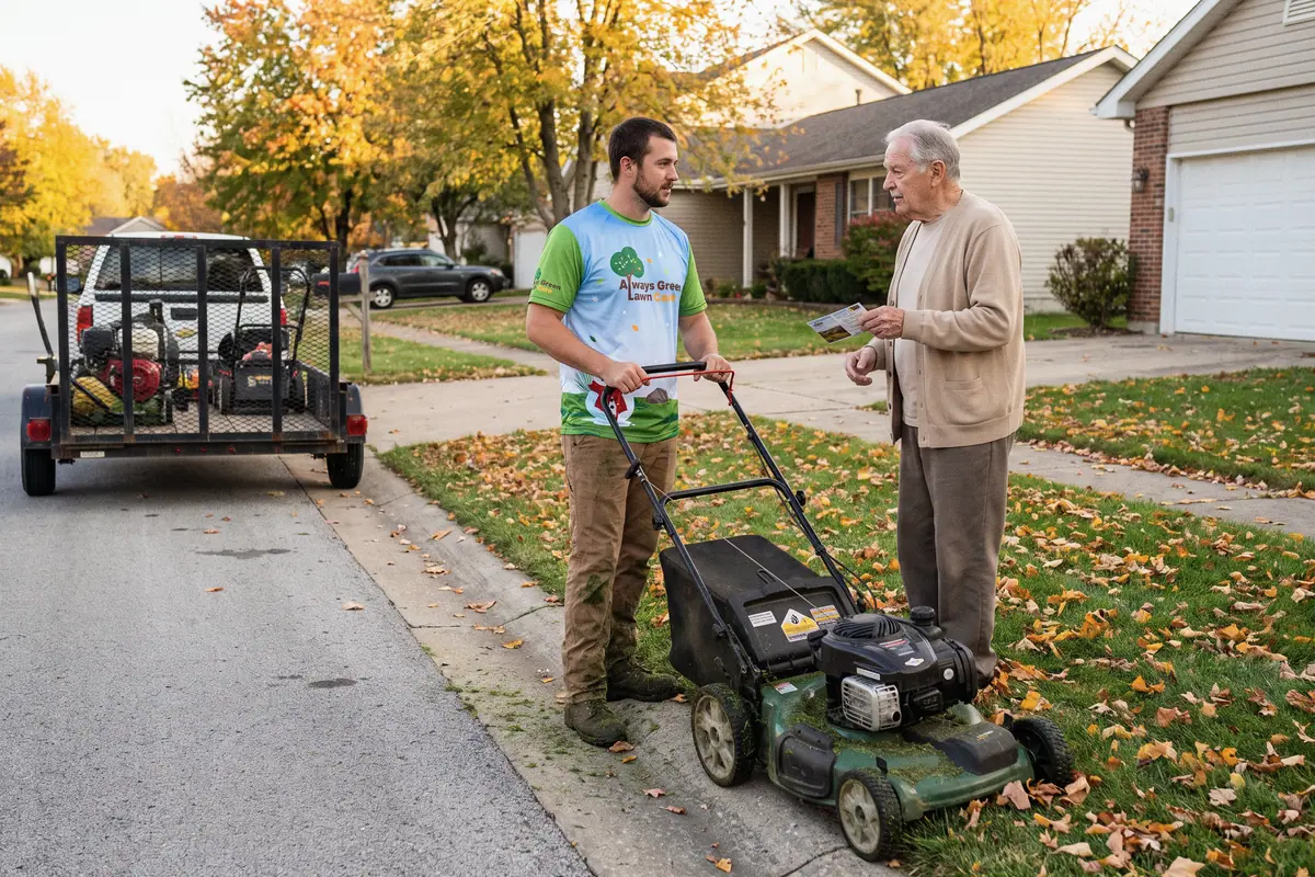 A lawn care tech with his mower talking with an older homeowner who holds a postcard, at the curb in autumn.