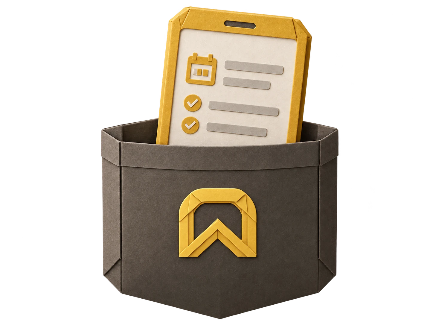 A golden-yellow origami phone tucked into a charcoal folded-paper pocket with the OnSiteCall logo centered on the front.