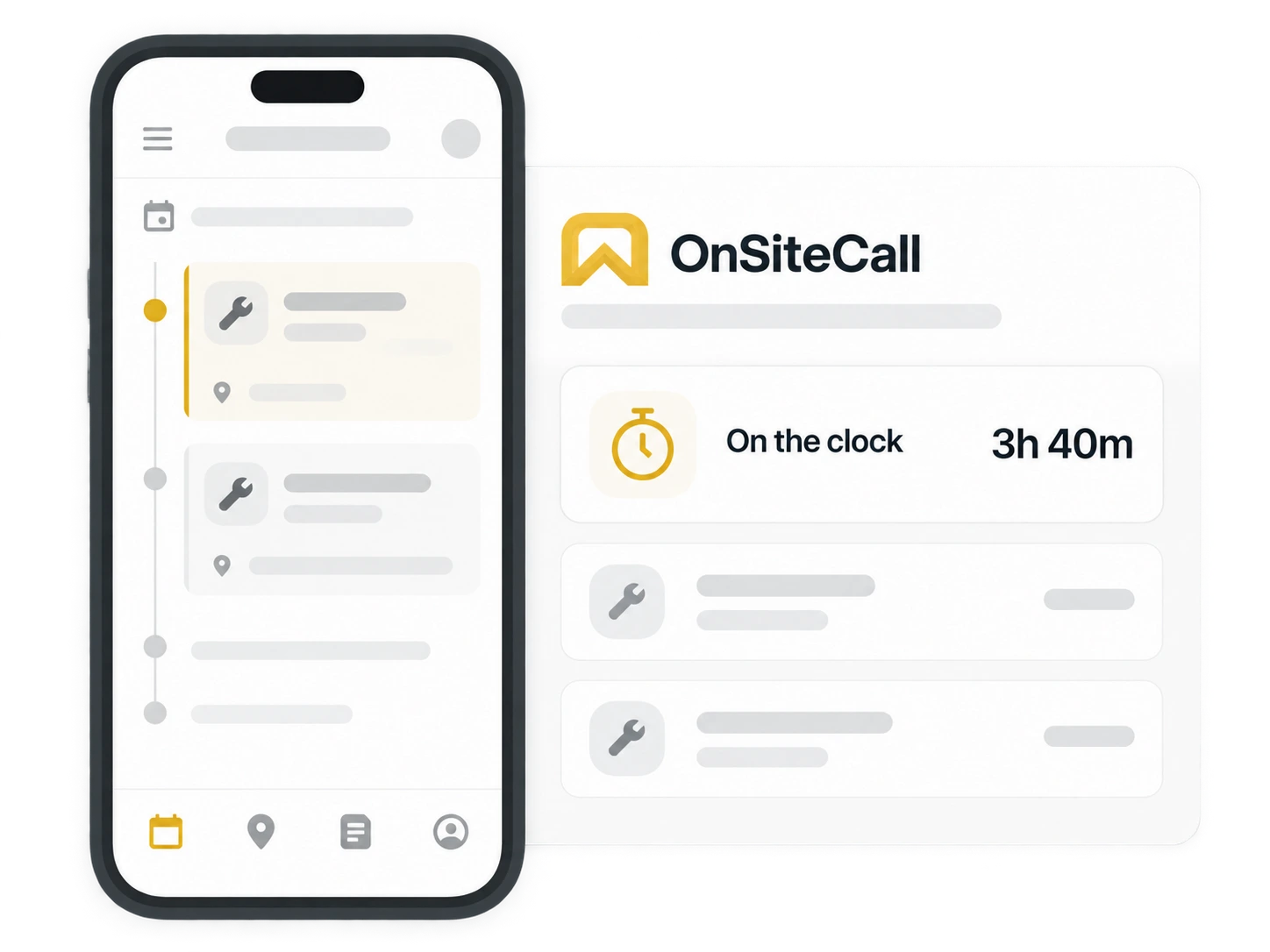 OnSiteCall product illustration showing an active shift and simplified time records.