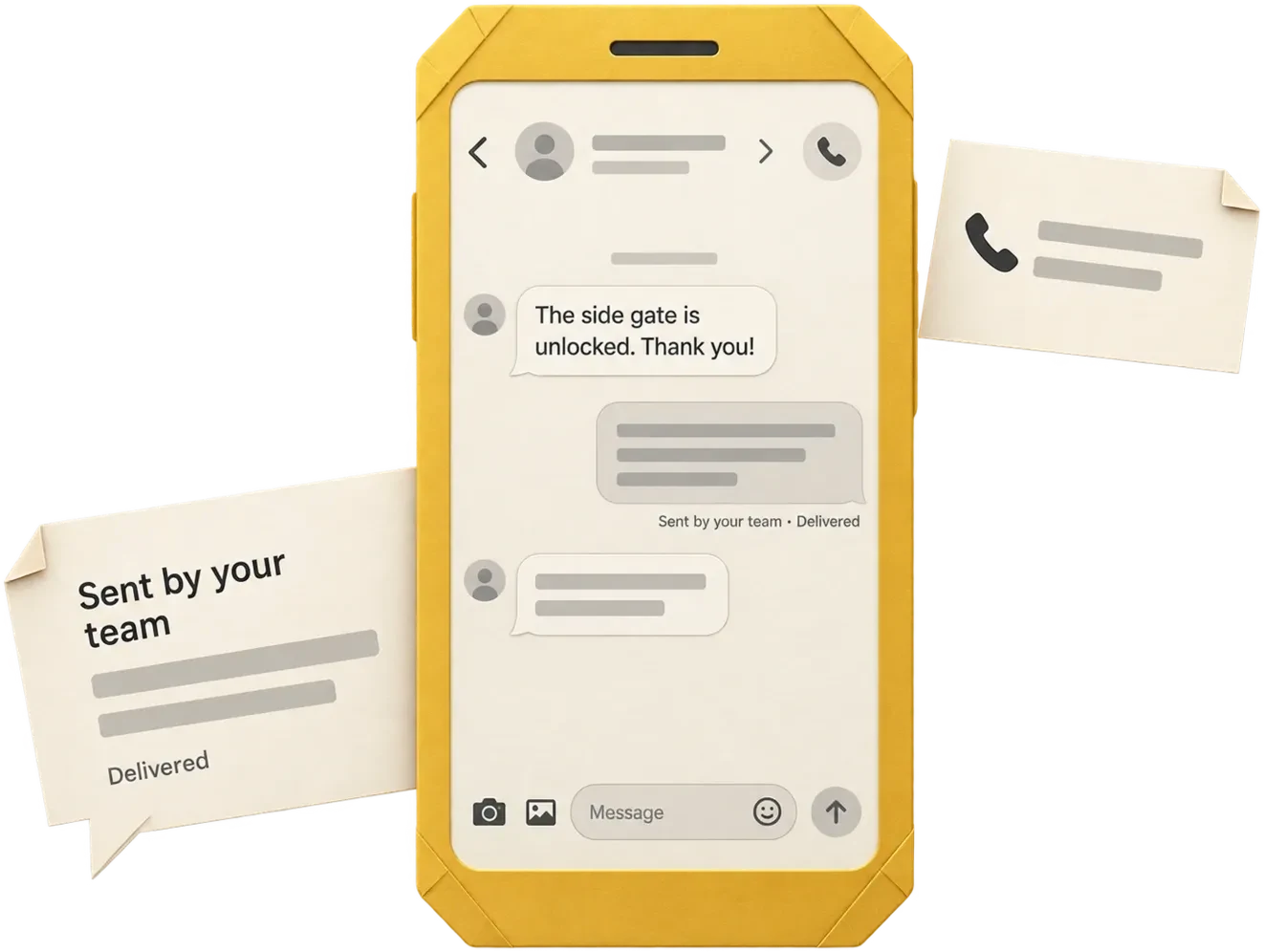 A golden folded-paper phone showing a customer conversation, with a folded team-message slip at its lower left and a small call note at its upper right.