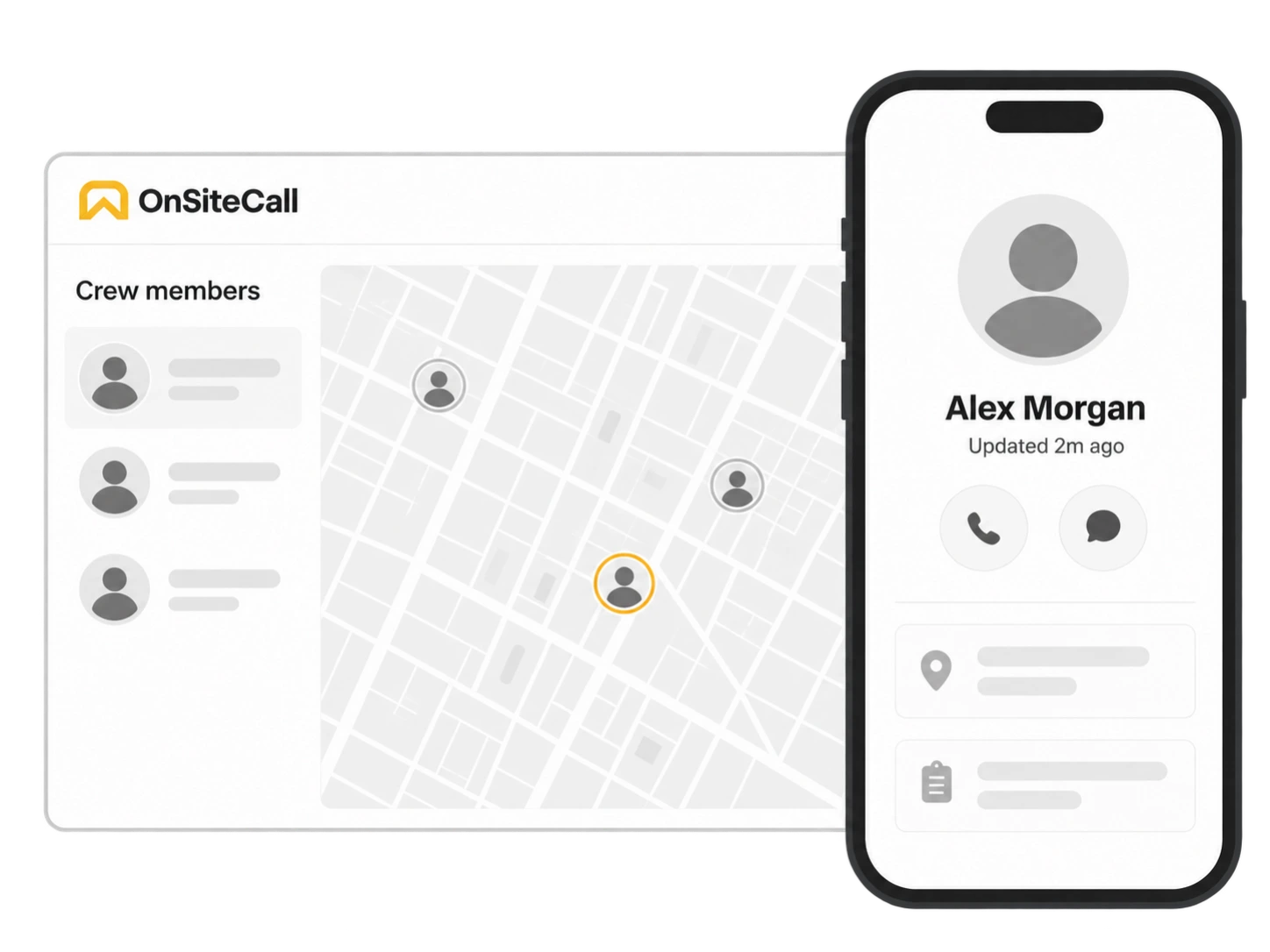OnSiteCall product illustration showing crew locations and a teammate’s last-reported update and contact options.