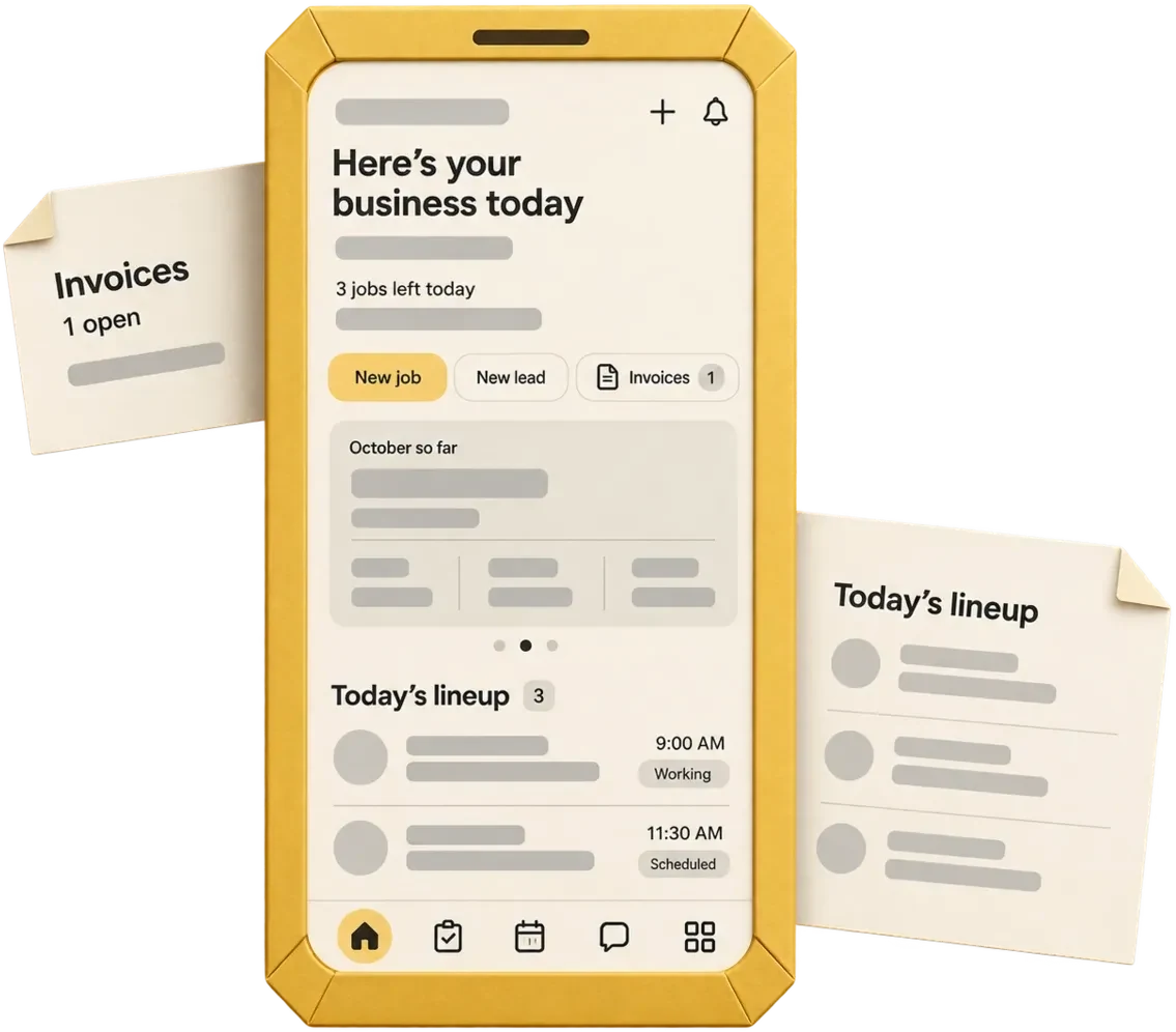 A golden folded-paper phone showing the business overview, with an invoice reminder at its upper left and today’s lineup on a paper sheet at its lower right.