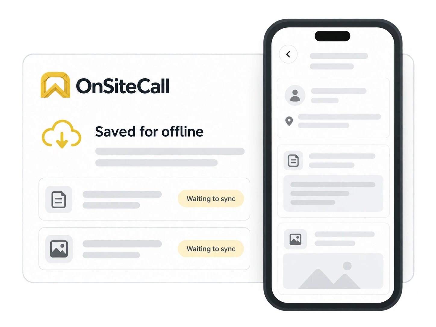 OnSiteCall product illustration showing downloaded job information and supported changes saved on the phone for later sync.