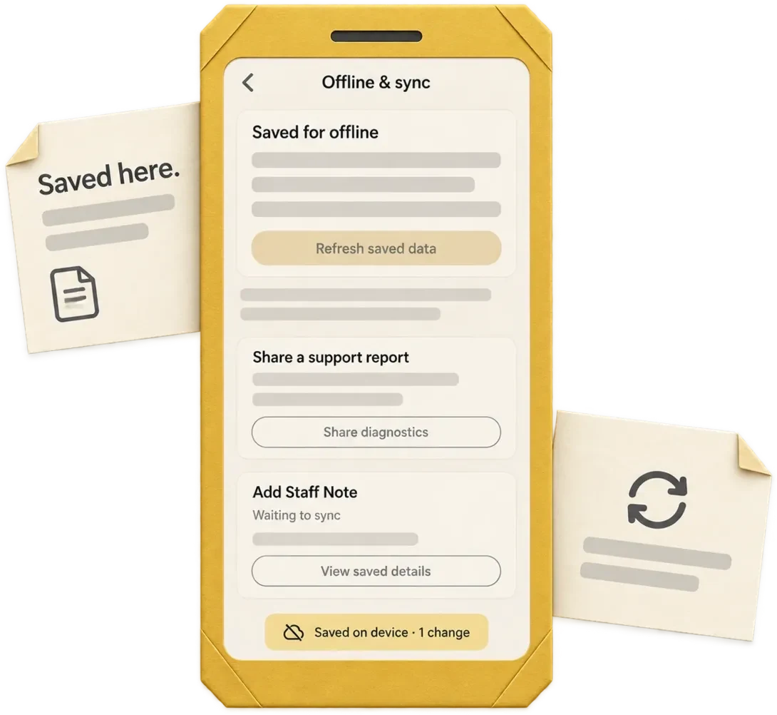 A gold origami phone showing one note saved on the device and waiting to sync, with a paper note at its upper left and a small sync slip at its lower right.