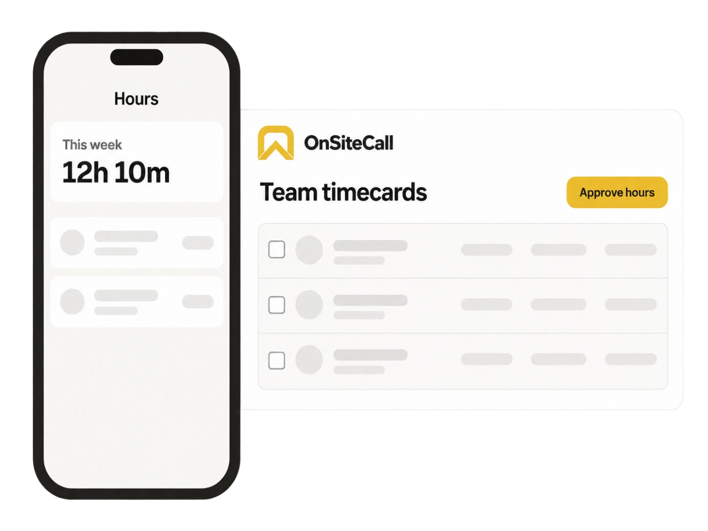 OnSiteCall illustration showing mobile shift records alongside owner timecard review.