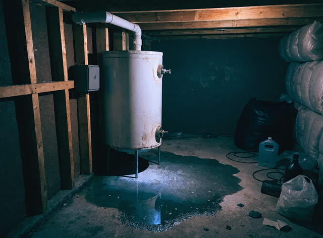 A customer’s photo of a water heater in a basement, with water pooling on the floor under it.