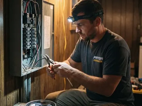 The electrician at the open panel before the upgrade.