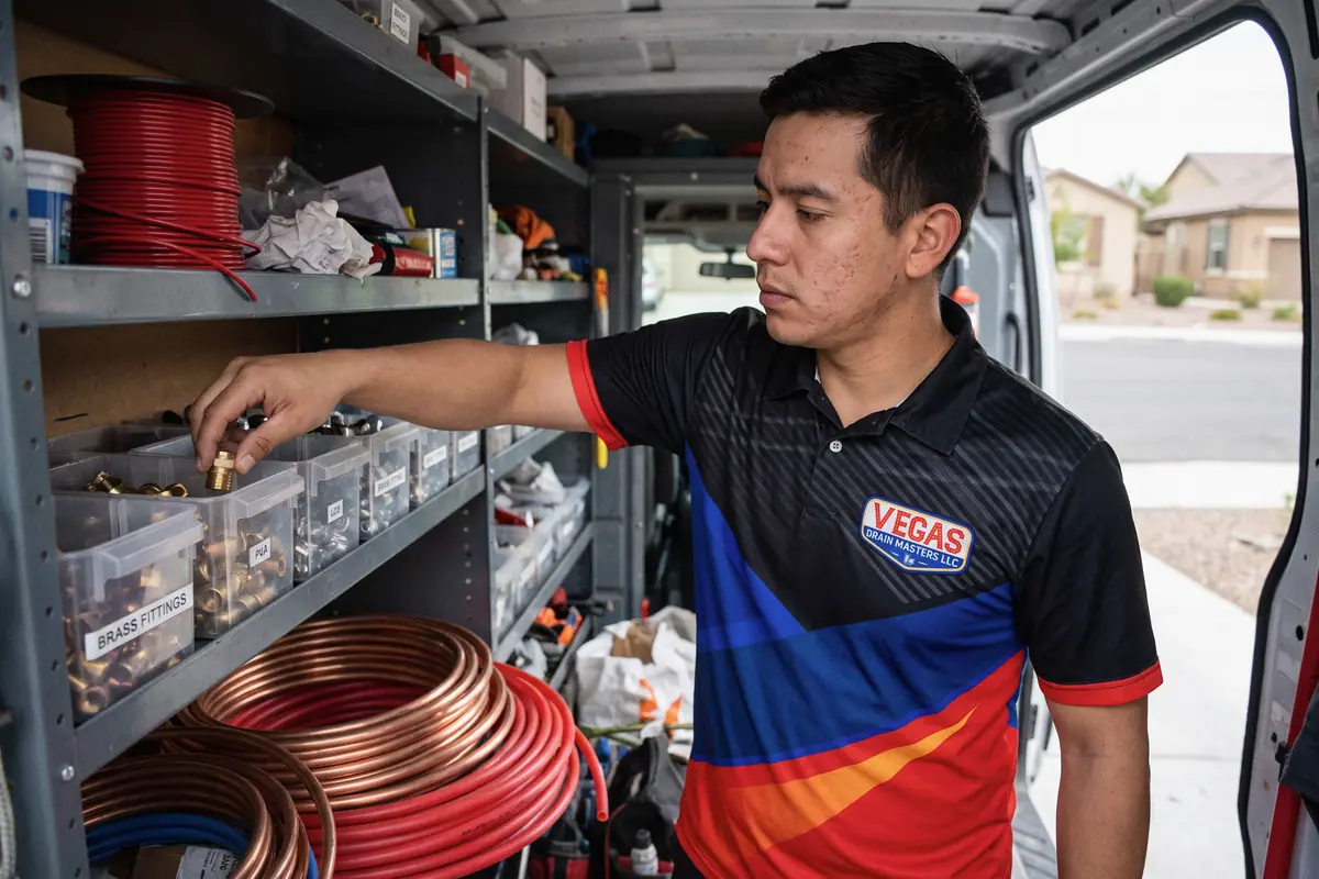 A plumber picking a brass fitting from the labeled parts bins in his work van, coils of copper below.