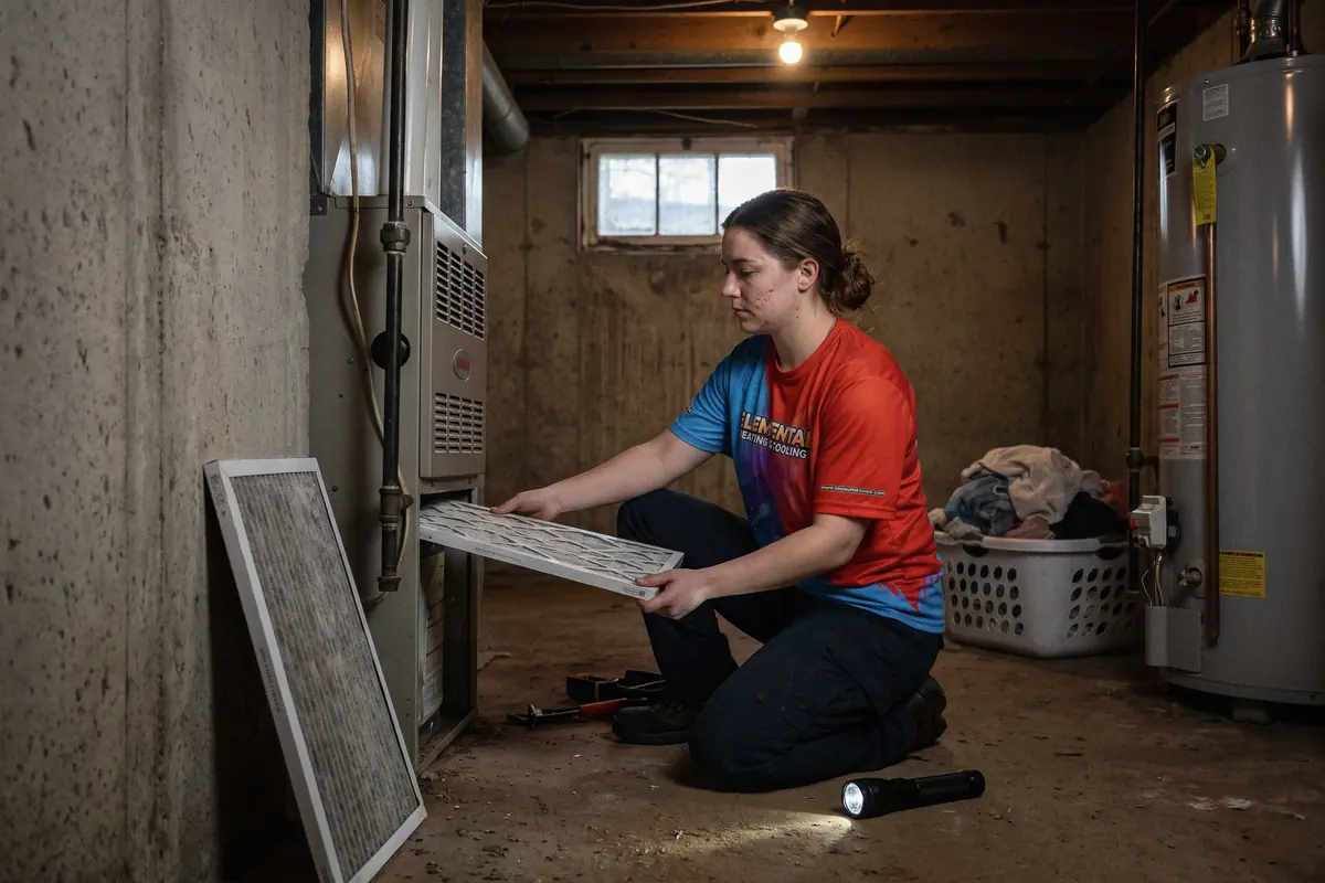 An HVAC technician sliding a fresh filter into a basement furnace.