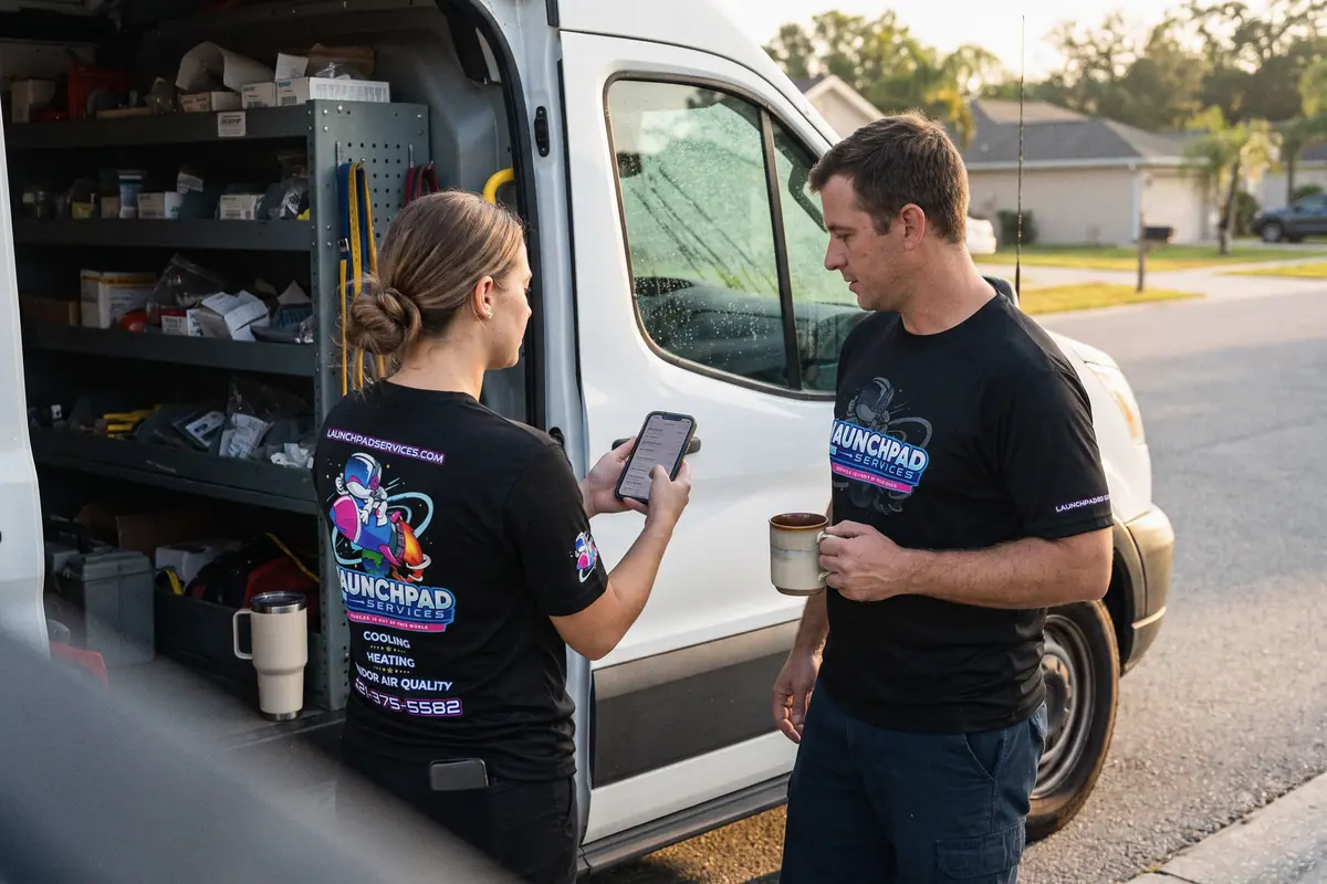 A business owner at the open door of her service van, showing a technician the day’s schedule on her phone.