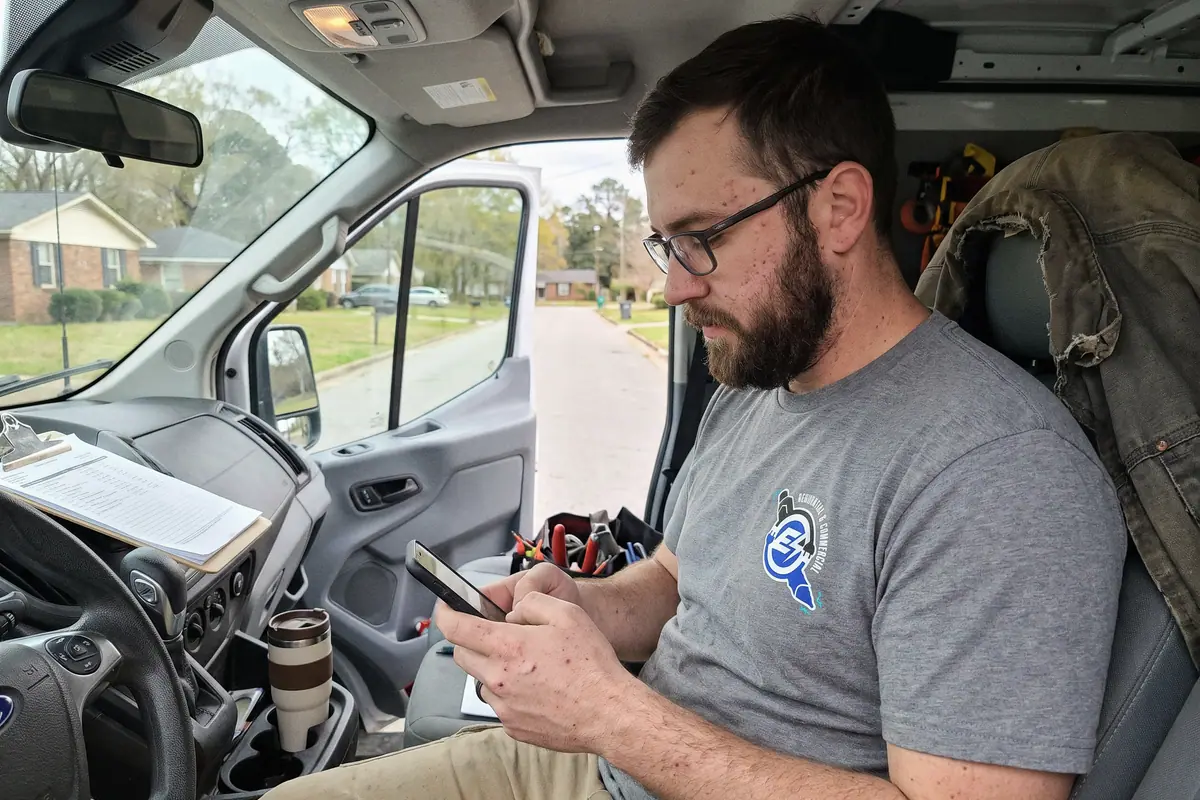 A technician in the driver’s seat of his work van, checking the next job on his phone before pulling away.