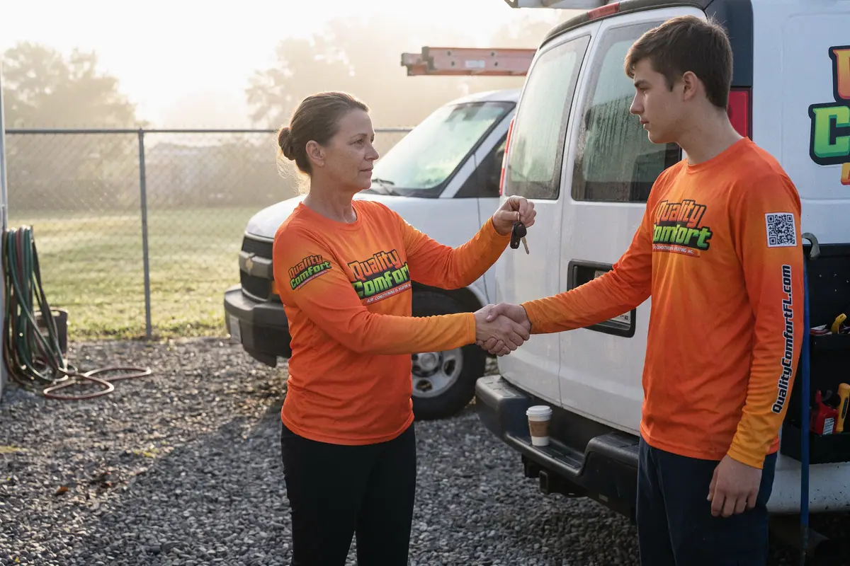 A business owner handing van keys to a new young technician at sunrise, work vans behind them.
