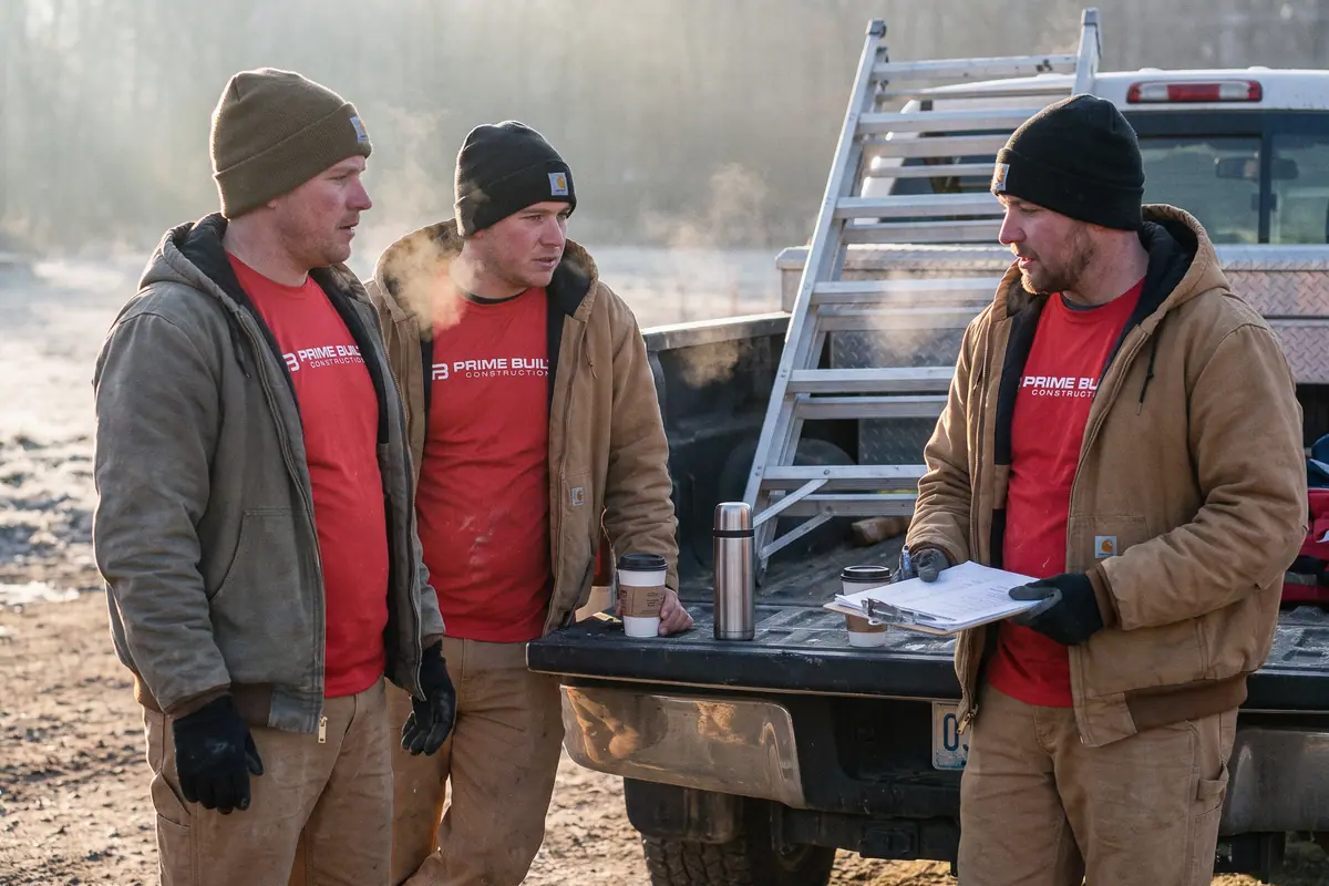 A crew lead with a clipboard of hours talking with two crew members at the tailgate of a pickup at sunrise.
