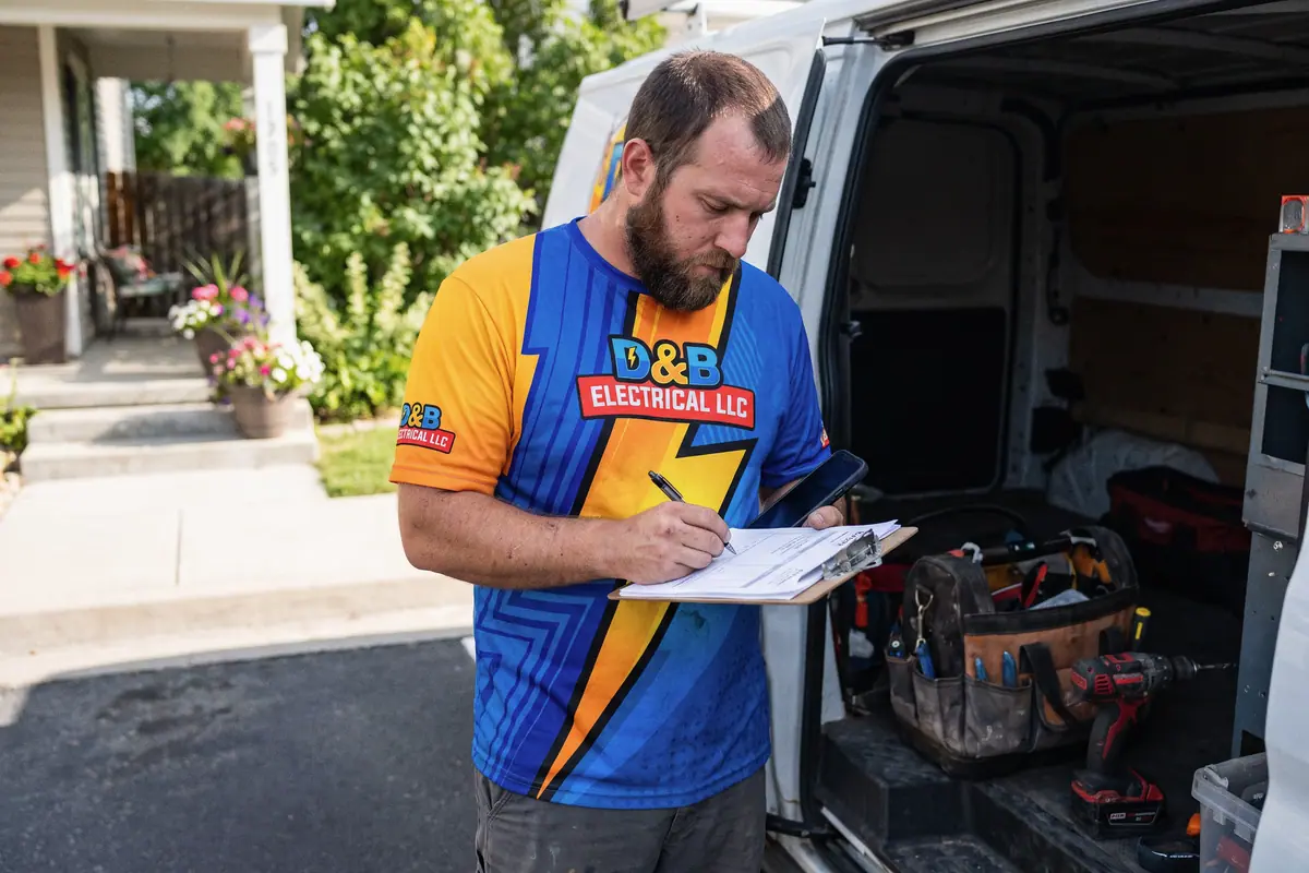 An electrician writing up an invoice on a clipboard at the side door of his van.