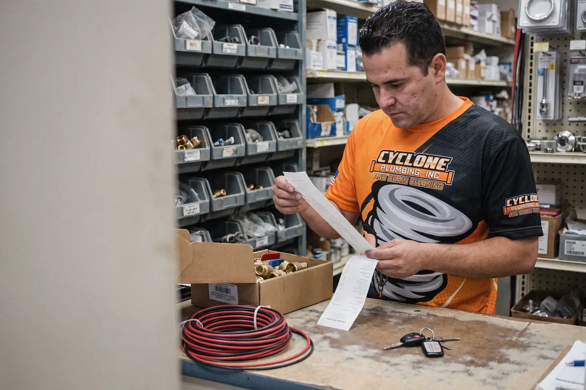 A plumber checking a supply-house receipt against a box of brass fittings at the counter.