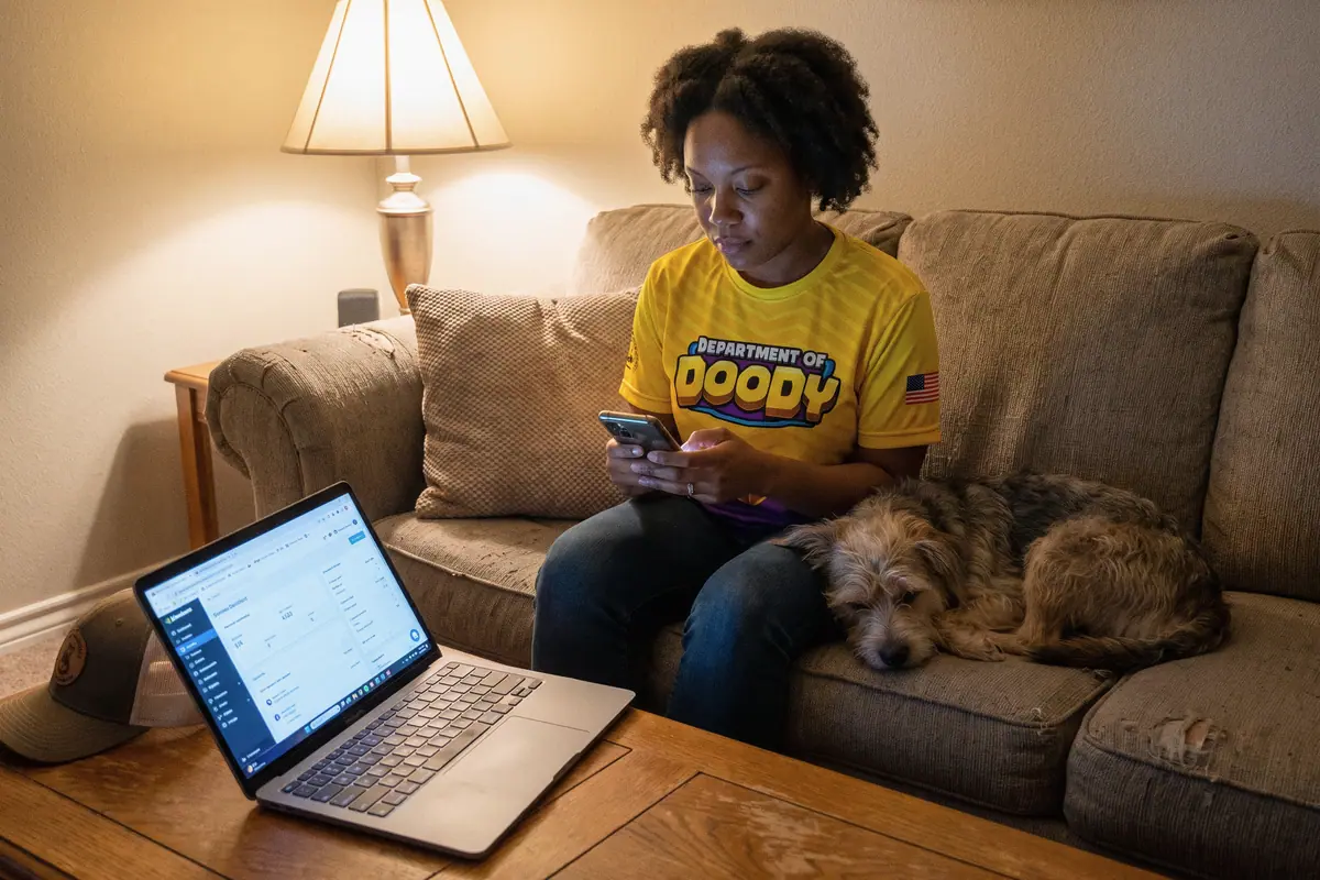 An owner on the couch in the evening replying to a review on her phone, her dog curled up beside her.