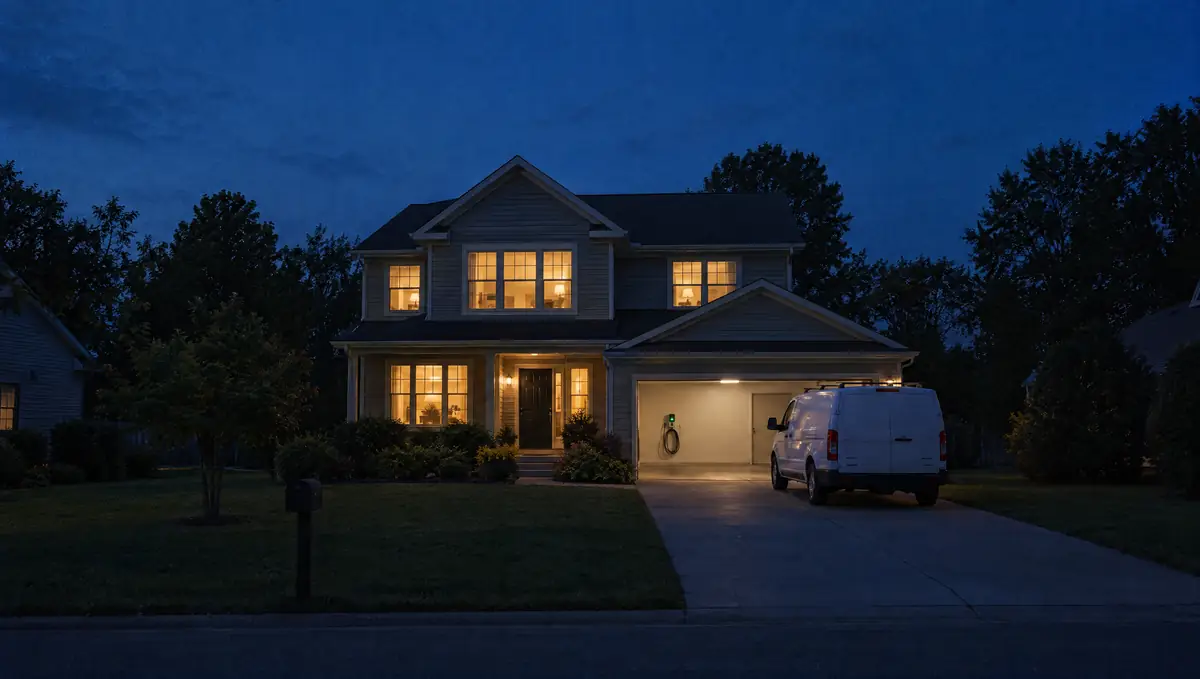 A two-story house at dusk with every window lit, an electric car charger glowing in the open garage and a work van in the driveway.