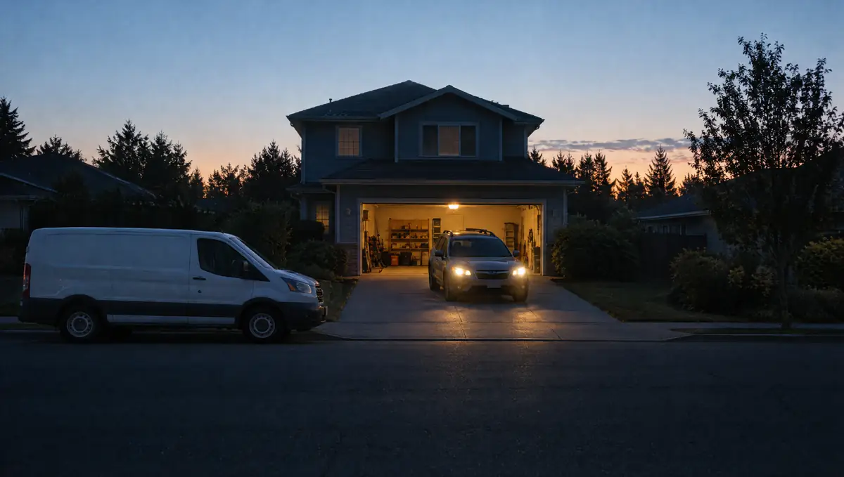 A house just before sunrise with the garage door open and lit, a car backed out onto the driveway and a service van at the curb.