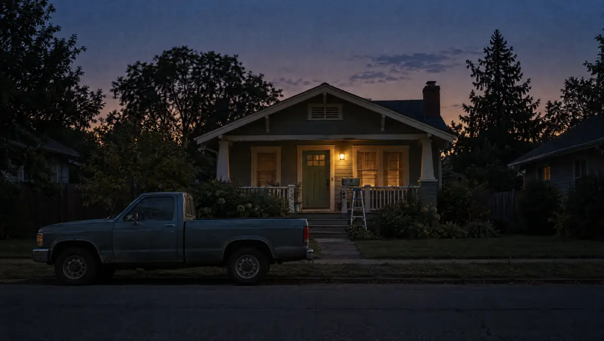 A bungalow porch at dusk with a freshly painted door, a step ladder against the rail and a toolbox on the step, a pickup truck at the curb.